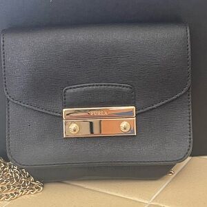 Furla Julia Black Saffiano Leather Mini Chain Crossbody with Gold tone push lock